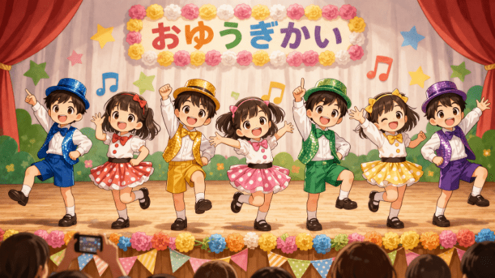 お遊戯会で子どもたちが踊っている様子