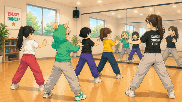 先生のお手本に合わせてダンスを練習するキッズダンスレッスンの様子