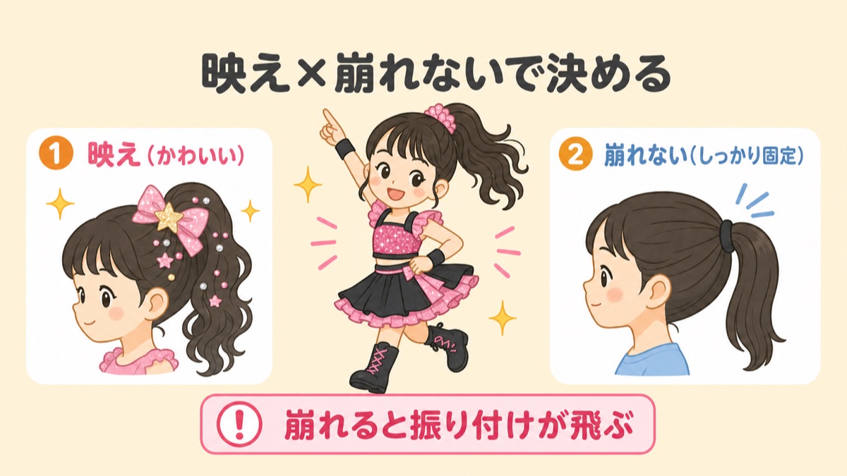 キッズダンス発表会の髪型を「映え(かわいい)」と「崩れない(しっかり固定)」の2つで選ぶ考え方を示した図解