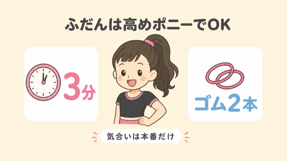 ふだんのダンスレッスンの髪型は高めポニーテールにゴム2本で3分でOKと示した図解